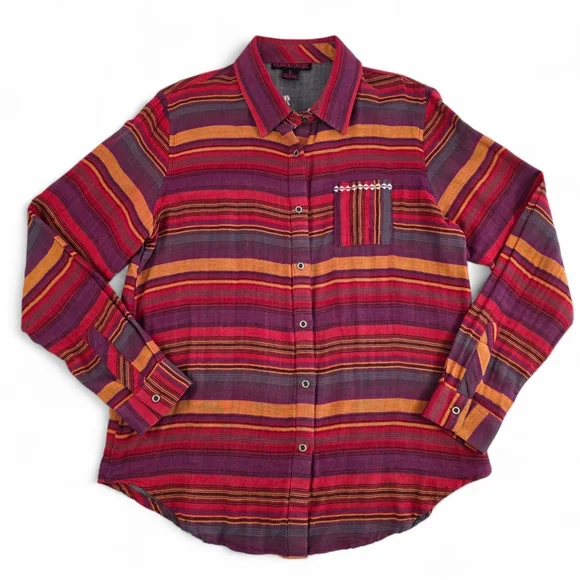 Rock & Roll Cowgirl Aztec Western Cowgirl Button Down Embroidered Gauzy Shirt L - Picture 2 of 8